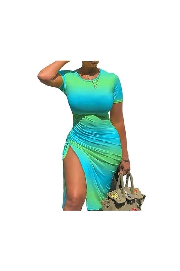 Femmes Sexy Manches Courtes Robe O-cou Flowy Longue Robe A-ligne Taille Haute Casual Robe Tuniques Robes Moulante Club Robe F