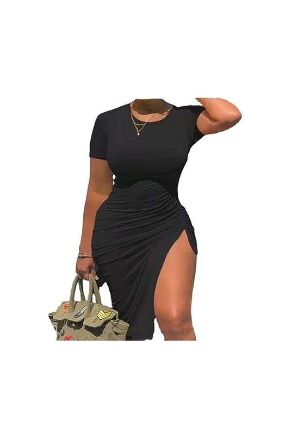 Femmes Sexy Manches Courtes Robe O-cou Flowy Longue Robe A-ligne Taille Haute Casual Robe Tuniques Robes Moulante Club Robe F