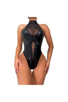 SHANHE Body en cuir PU sans manches pour femmes noires Tops Backless High Cut Catsuit Pole Dancing Performance Rave Festival 