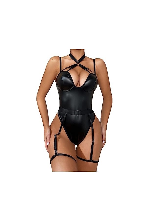 SHANHE Body en cuir PU sans manches pour femmes noires Tops Backless High Cut Catsuit Pole Dancing Performance Rave Festival 