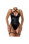 SHANHE Body en cuir PU sans manches pour femmes noires Tops Backless High Cut Catsuit Pole Dancing Performance Rave Festival 
