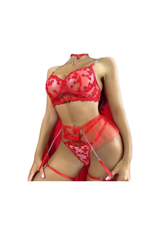Ensemble de Lingerie en Maille Costumes en Dentelle sous-Vêtements Transparents Soutien-Gorge Halter Tenues Sexy Jarretières 