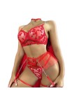 Ensemble de Lingerie en Maille Costumes en Dentelle sous-Vêtements Transparents Soutien-Gorge Halter Tenues Sexy Jarretières 
