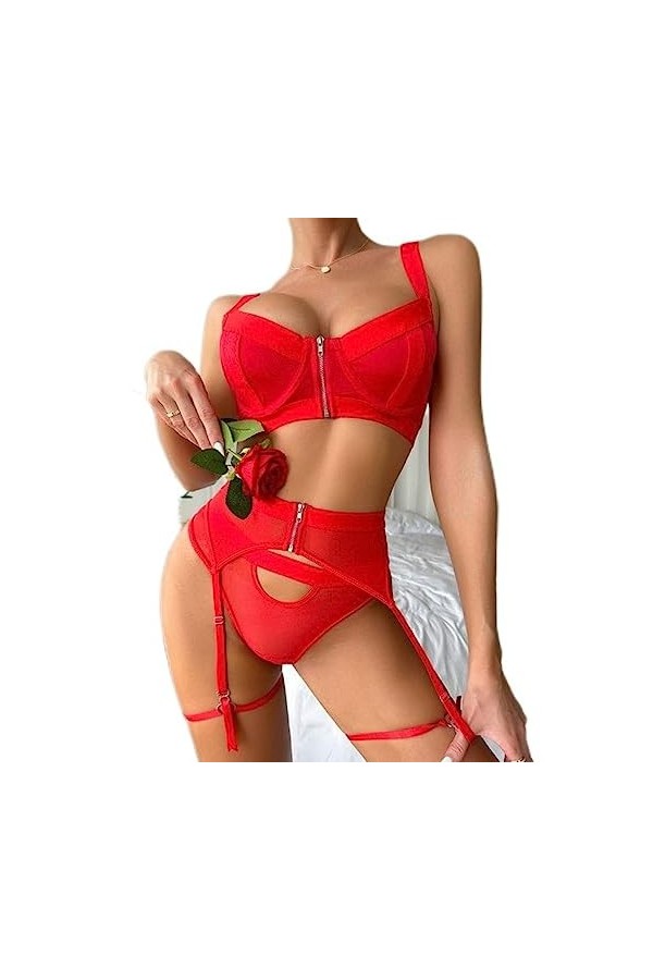 Lingerie Dentelle Costumes Fermeture Éclair Transparente Tenues Jarretières Femme 3 Pièces Sexy sous-Vêtements Féminins Ensem