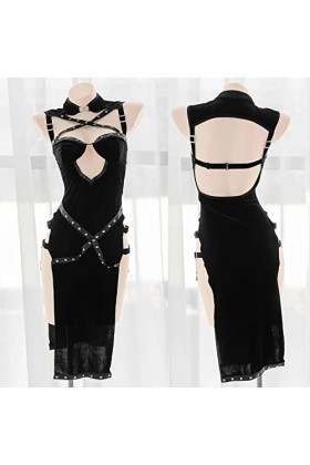 JasmyGirls Anime Lingerie Sexy Diable Cosplay Costume Coquine Sorcière Cheongsam Rivets Robe Fente Haute Assassin Jeu de rôle