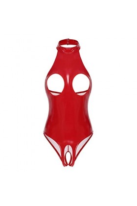 Femmes Lingerie Tasses Teddies En Cuir Halter Crop Top Zipper Entrejambe High Cut Body Wet Look Clubwear Costumes-Rose D,M