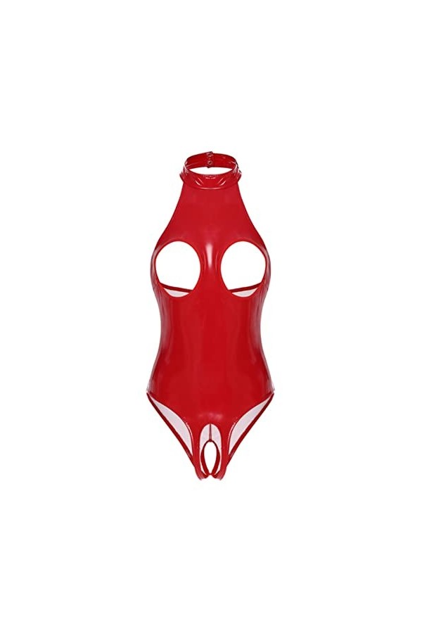 Femmes Lingerie Tasses Teddies En Cuir Halter Crop Top Zipper Entrejambe High Cut Body Wet Look Clubwear Costumes-Rose D,M