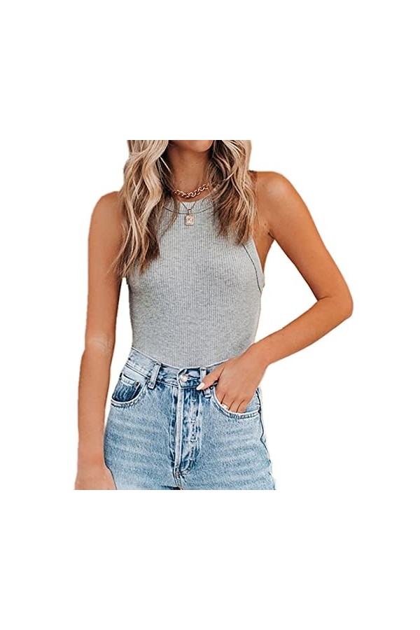 T-shirt côtelé Manches, Débardeur côtelé Coupe Slim pour Femmes dentraînement Pure Color Stretch 2 