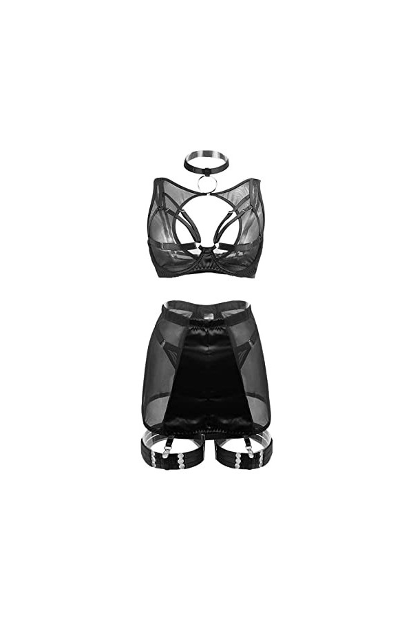 liaddkv Sexy Mesh Lien pour Femmes Sex Mesh Sous-vêtements Ensemble 6 Pièces Bande Creuse Clip Sexy Sous-Vêtements Corset Sou