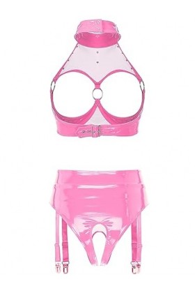 iiniim Lingeries Femme 2 Pièces Sexy Soutien-Gorge Strings en Similicuir Seins Ouvert Seduction Brassière String Wetlook sous