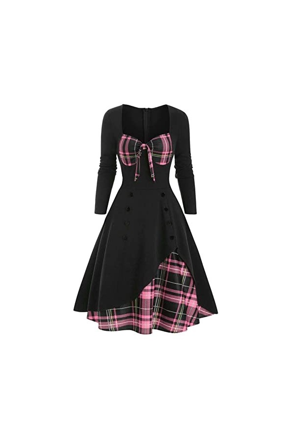 Femmes Sexy Vintage Casual Plaid Imprimer Robe Gothique Taille Contraste Épissage Double Breasted Swing Dress Robes De Plage 