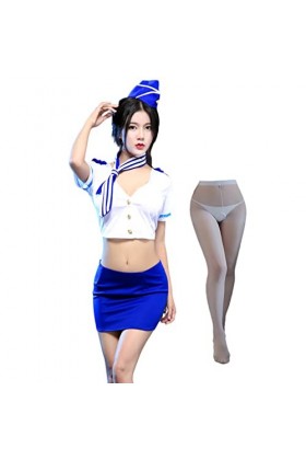 SINGUYUN Costume daviation sexy pour femme - Jupe courte - Costume daviation - Cosplay - 1264 - Bleu et blanc