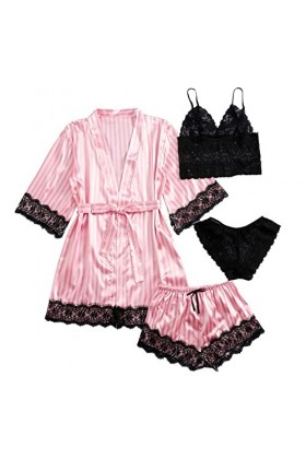 Pyjama en satin 4 pièces pour femme - Ensemble pyjama dhiver - Col en V - Chemise de nuit sexy - Robe de nuit - T-shirt de n