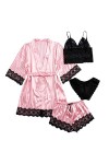 Pyjama en satin 4 pièces pour femme - Ensemble pyjama dhiver - Col en V - Chemise de nuit sexy - Robe de nuit - T-shirt de n