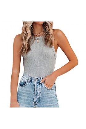 T-shirt côtelé Manches, Débardeur côtelé Coupe Slim pour Femmes dentraînement Pure Color Stretch 7 