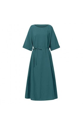 Robe Rouge Couleur Unie Mode Ourlet Fendu Jupe de Soleil élégante à Manches Courtes Ceinture décontractée Robe en Coton et Li