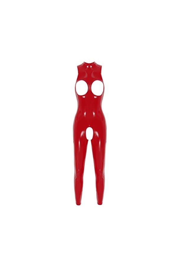 LiiYii Femmes Latex Combinaison Body Catsuit Faux Cuir Ouvert Entrejambe Salopettes Romper Jumpsuit Halloween Bal Leotard Cos