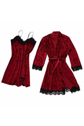 Jiabing Pyjama Sexy pour Femmes Dentelle Velours Dentelle de Couleur Solide Pyjama Deux pièces Nuit de Nuit sous-vêtements de