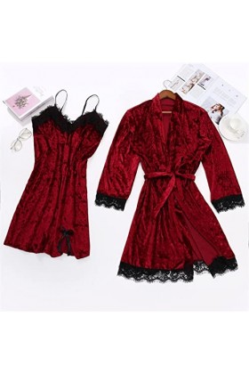 Jiabing Pyjama Sexy pour Femmes Dentelle Velours Dentelle de Couleur Solide Pyjama Deux pièces Nuit de Nuit sous-vêtements de