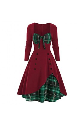 Femmes Sexy Vintage Casual Plaid Imprimer Robe Gothique Taille Contraste Épissage Double Breasted Swing Dress Robes De Plage 