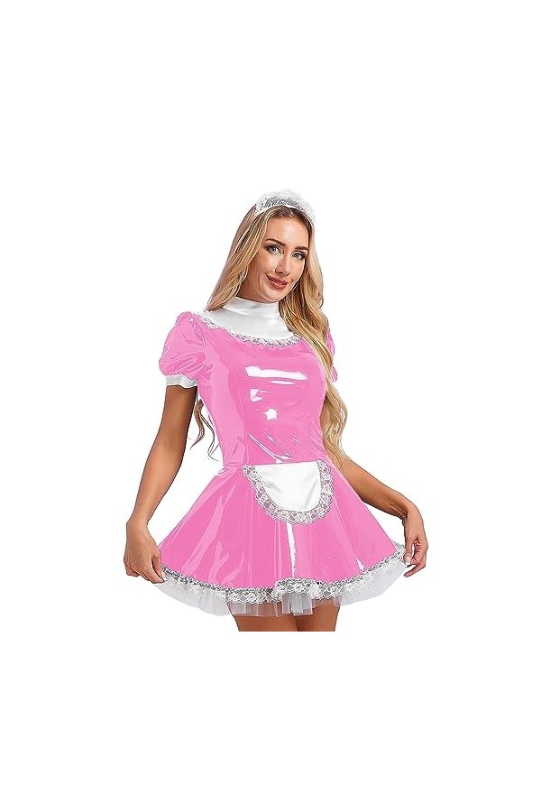 Agoky Robe De Soirée Cocktail Dentelle Déguisement Servante Femme De Chambre Sexy Soubrette Cuir Verni Costume Jeu De Rôle Un