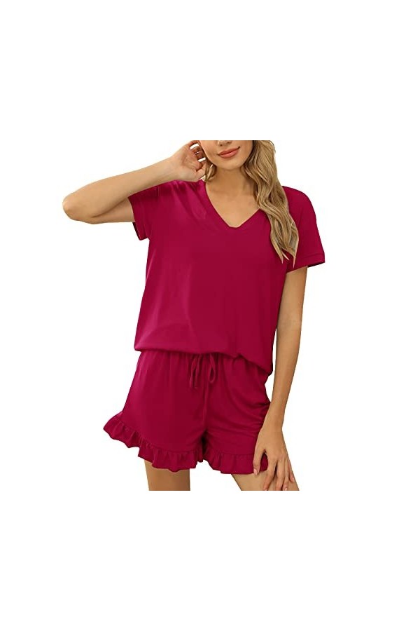 Pyjama Femme Coton Ensemble Pijamas Chemises de Nuit Sexy Chic Ete 2 Pièces Vêtements de Nuit V-Neck Haut et Shorts Ensemble 