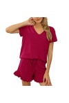 Pyjama Femme Coton Ensemble Pijamas Chemises de Nuit Sexy Chic Ete 2 Pièces Vêtements de Nuit V-Neck Haut et Shorts Ensemble 