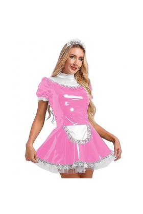 CHICTRY Femme Déguisement Soubrette Serveuse Cosplay Maid Uniforme Soubrette Robe en Cuir Verni Wetlook Lingerie Sexy Coquine