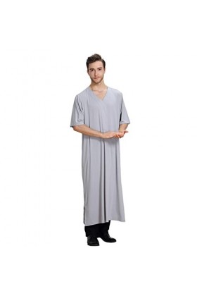 Mymyguoe Robe musulmane pour homme, couleur unie, col en V, lâche, robe musulmane, manches longues, col rond, robe arabe, mi-