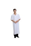 Mymyguoe Robe musulmane pour homme, couleur unie, col en V, lâche, robe musulmane, manches longues, col rond, robe arabe, mi-
