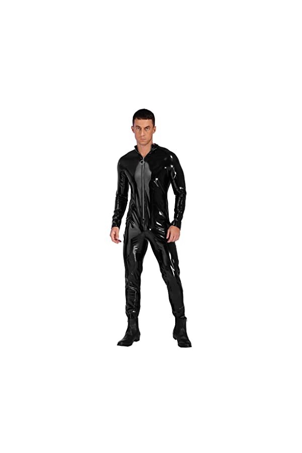 Mufeng Combinaison Homme Sexy Catsuit Cuir Verni Lingerie Zip Jumpsuit Wetlook Body Manches Longues Erotique Costume Clubwear