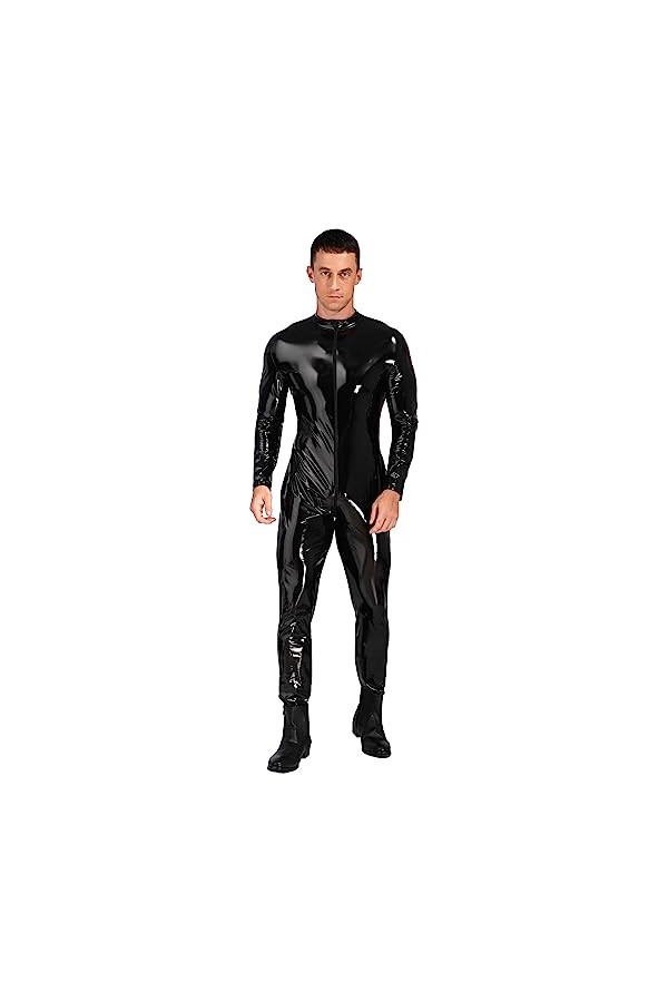 LiiYii Combinaison Homme Sexy Latex Manches Longues Catsuit Cuir Verni Leotard Lingerie Zip Jumpsuit Wetlook Body Erotique Ga