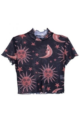 mingxinshangdian Hauts Transparents pour Femmes, Hauts Courts, vêtements dété, imprimé Lune et étoiles, Manches Courtes, T-S