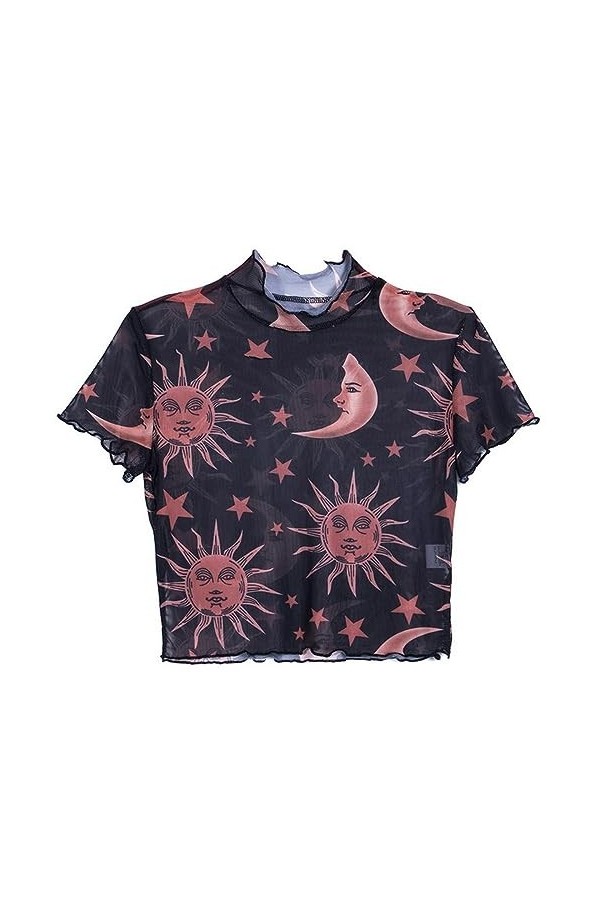mingxinshangdian Hauts Transparents pour Femmes, Hauts Courts, vêtements dété, imprimé Lune et étoiles, Manches Courtes, T-S