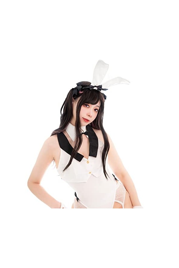 Costume de lapin sexy Senpai pour femme - Costume de cosplay mignon - Tenue de soubrette - Body une pièce - Halloween, blanc,