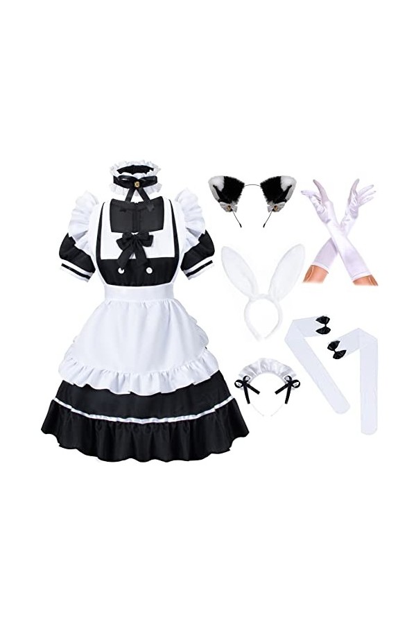 Irtysh Costume kawaii de lanime français pour fille – Robe de costumade avec oreilles de chat en fourrure, gants et chausset