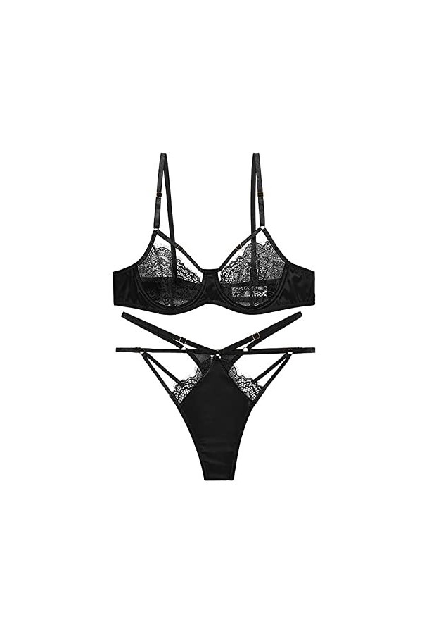WERVOT Ensemble de Soutien-Gorge en Dentelle Sexy et Mince pour Femmes avec Maille Transparente et détails à lanières Lingeri