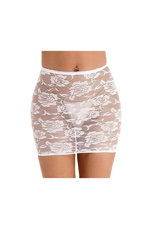 WSZJLN Blanc Dentelle Transparente Jupes Mode Fleur Motif Sexy Lingerie Taille Ceinture Élastique Minijupe Femmes Costumes-Ty