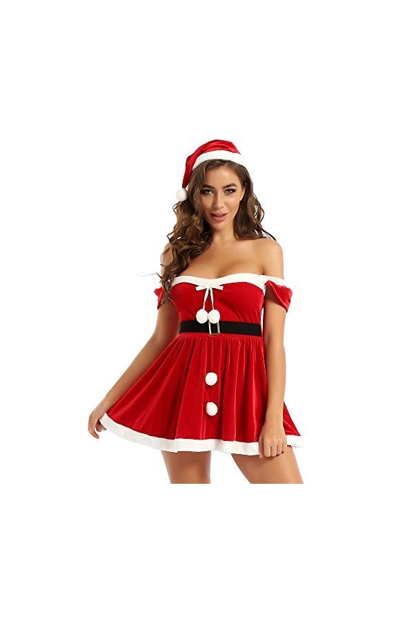MSemis Robe Noël Femme Déguisement Mère Noël Sexy Bustier Robe en Velours Dos Nu + Bonnet de Noël S-4XL Rouge XXL