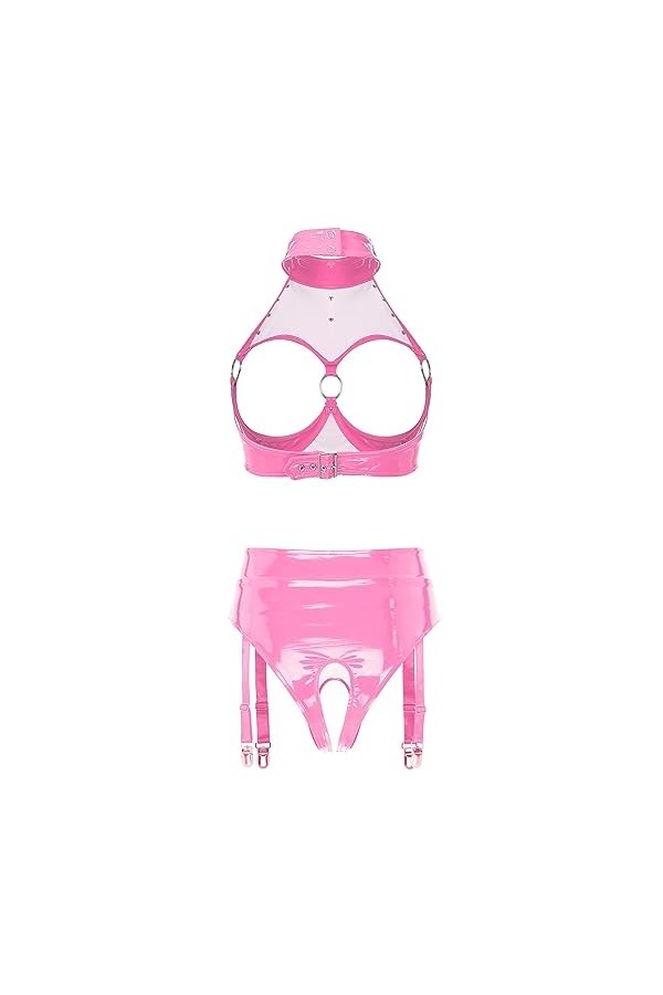 iiniim Lingeries Femme 2 Pièces Sexy Soutien-Gorge Strings en Similicuir Seins Ouvert Seduction Brassière String Wetlook sous