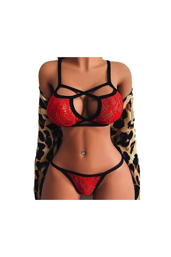 Lingerie pour Femme Dentelle Maille Évider Push Up Soutien-Gorge Culotte Ensemble Costumes Érotiques sous-Vêtements Féminins 