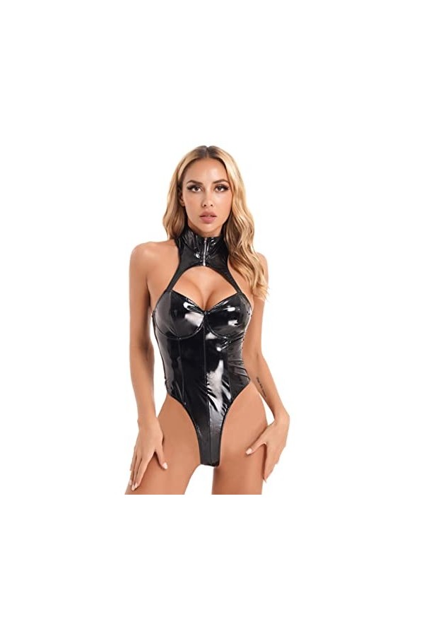 SHANHE Womens Sexy Club Stage Performance Costume en Cuir Verni sans Manches Body Zipper Mock Neck Cutout Wet Look PVC Catsui