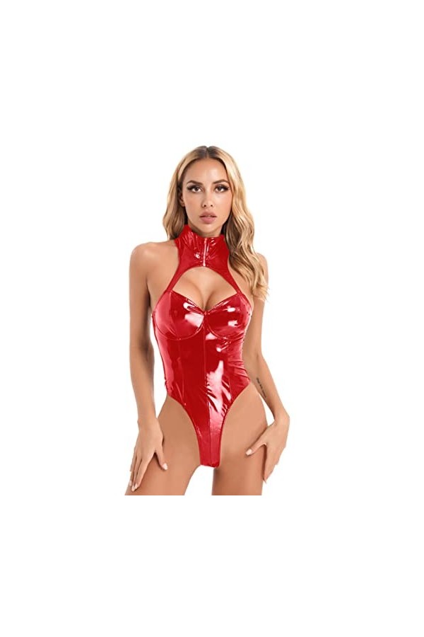 SHANHE Womens Sexy Club Stage Performance Costume en Cuir Verni sans Manches Body Zipper Mock Neck Cutout Wet Look PVC Catsui