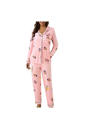 Ensemble Lingerie Sexy Femmes Casual Bouton Plume À Fraise Imprimer Deux Pièces À Manches Longues Pyjama Pyjama Costume Gothi