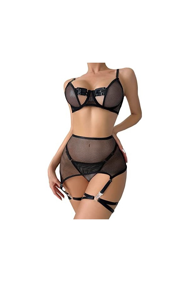 UOWEG Costume sexy pour femme - Ensemble lingerie sexy en dentelle à lanières et culotte - Lingerie sexy - Noir - Taille L
