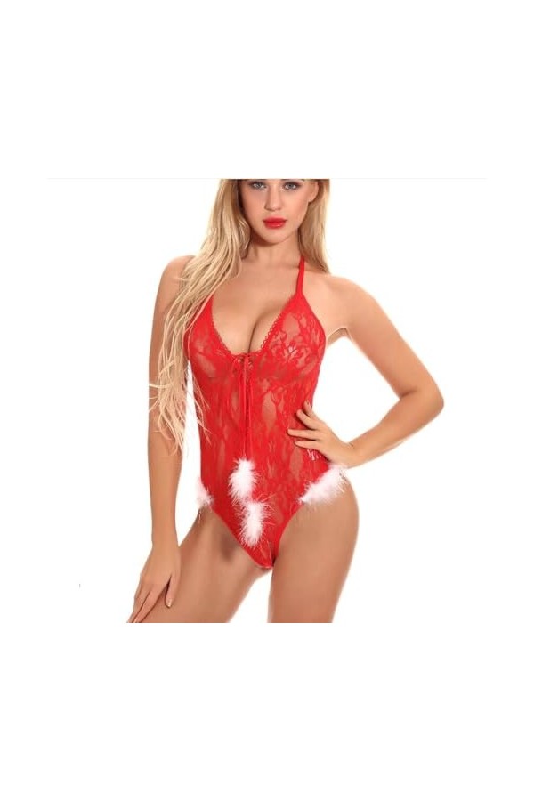 Lingerie Sexy pour Femmes - Conception De Dentelle Brodée Florale Rouge Dos Nu Noël Une Pièce Tenues Érotiques Jupe, Perspect