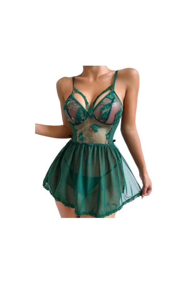 Ensemble De Lingerie Sexy pour Noël - Couleur Unie Dentelle Brodée Florale Jupe De sous-Vêtements À Épaules Réglables, Transp