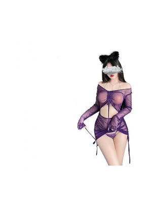 HUANKA Woman Sexy Lingerie Purple Mesh See-Through Dress Sleepwear Chemise Nightie Wrap Jumpsuit Skirt Fashion New