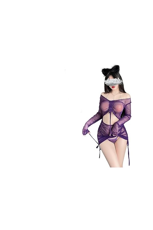 HUANKA Woman Sexy Lingerie Purple Mesh See-Through Dress Sleepwear Chemise Nightie Wrap Jumpsuit Skirt Fashion New