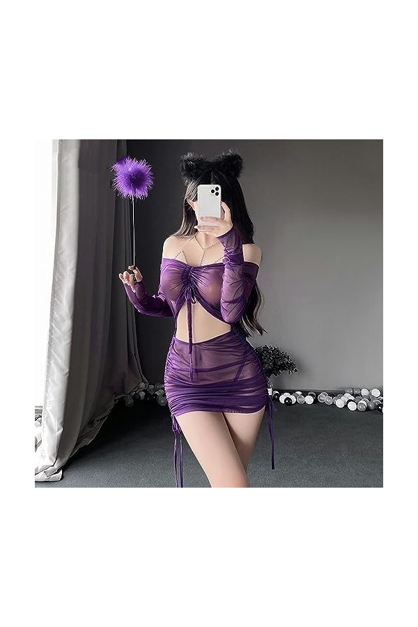 HUANKA Woman Sexy Lingerie Purple Mesh See-Through Dress Sleepwear Chemise Nightie Wrap Jumpsuit Skirt Fashion New